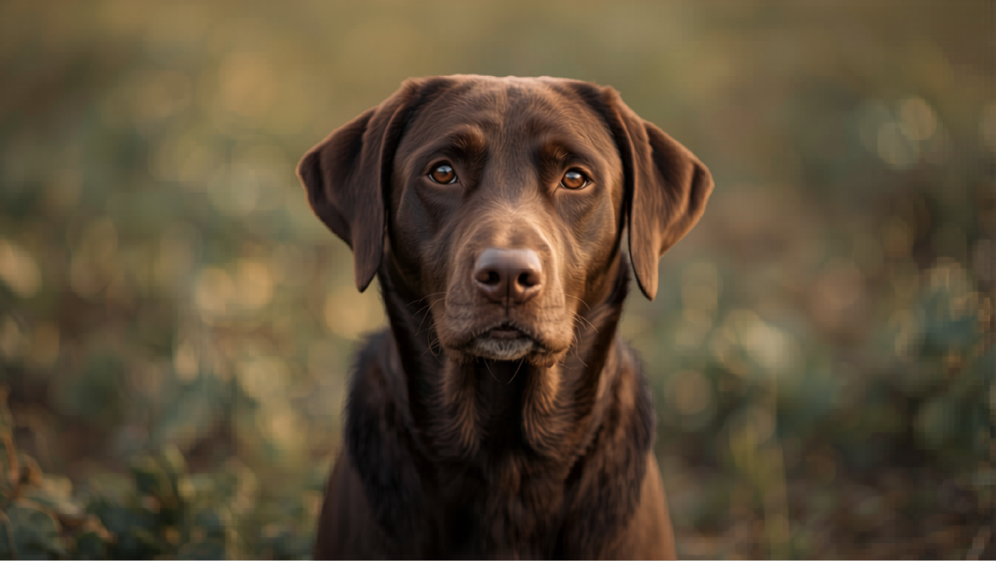 Bruine (chocolade) labrador retriever van dichtbij
